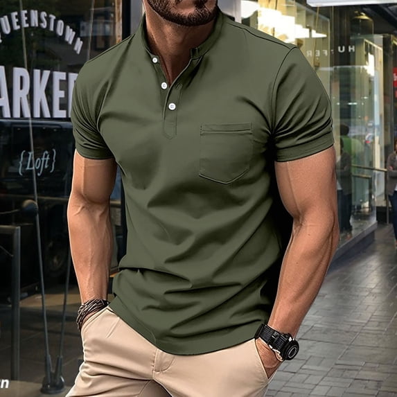 PNTUTB Mens Fashion Solid Color Shirts Long Sleeve Button Casual Crew Neck T Shirt with Pocket