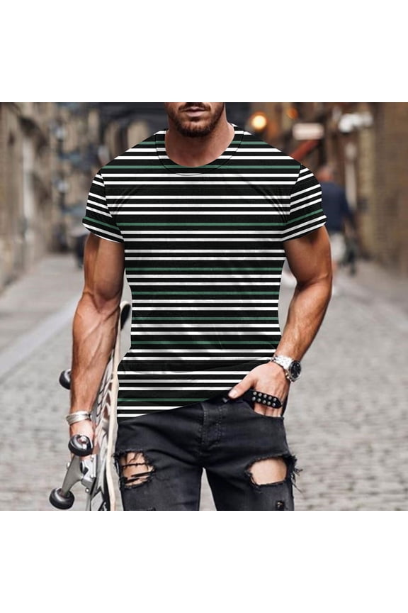 Mens Fashion Stripes Short Sleeve Crew Neck Everyday Casual Comfort Versatile Basic T Shirts