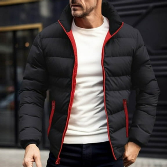 PNTUTB Mens Fashion Thickened Winter Warm Long Sleeve Standing Collar Solid Color Pocket Zipper Coat