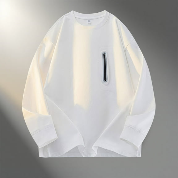 PNTUTB Mens Long Sleeve Zipper Pocket Fashion Solid Color Crew Neck Pullover Casual Loose Fit Shirts