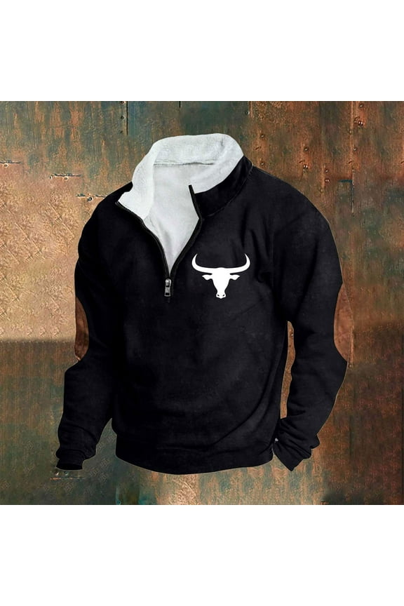 Mens Quarter Zip Fleece Stand-up Collar Pullover Retro Bullhead Print Casual Long Sleeve Comfort Sweatshirt