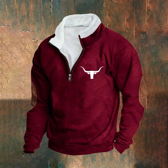 PNTUTB Mens Quarter Zip Fleece Stand-up Collar Pullover Retro Bullhead Print Casual Long Sleeve Comfort Sweatshirt