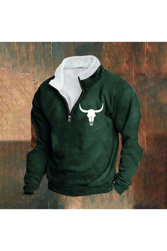 Mens Quarter Zip Fleece Stand-up Collar Pullover Retro Bullhead Print Casual Long Sleeve Comfort Sweatshirt