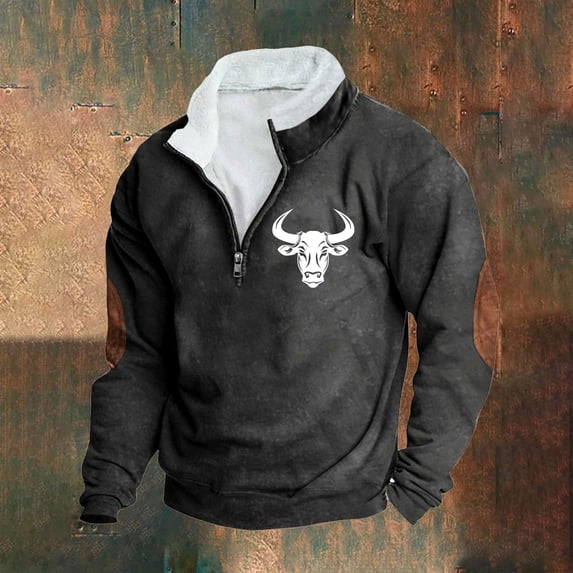 PNTUTB Mens Quarter Zip Fleece Stand-up Collar Pullover Retro Bullhead Print Casual Long Sleeve Comfort Sweatshirt