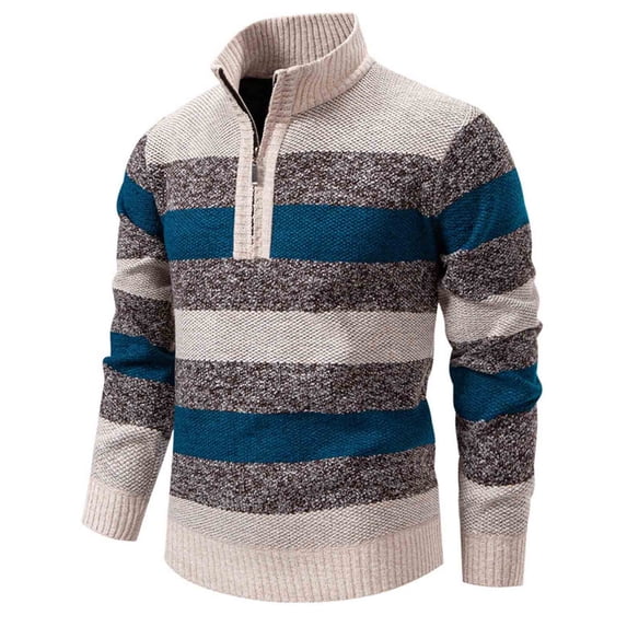 PNTUTB Mens Quarter Zip Pullover Sweaters Fashion Color Blocking Stripes Long Sleeve Stand Collar Sweater