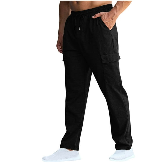 PNTUTB Mens Solid Color Casual Pants Elastic Waist Drawstring Pants Straight-leg Trousers with Multi-pocket
