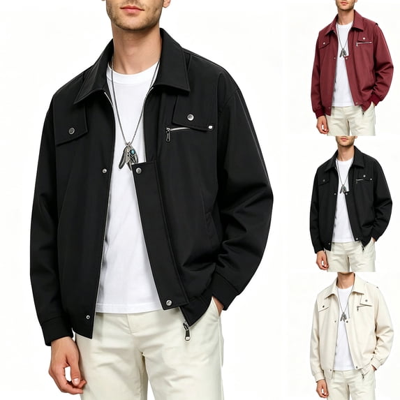 PNTUTB Outerwear for Men Full Zip Snap Button Lapel Jacket Solid Color Long Sleeve Coat Casual Comfort Trendy Fashion Outerwear with Pockets