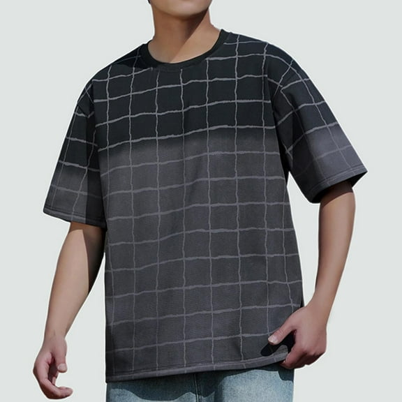 PNTUTB Oversized T-shirts for Men Short Sleeve Crewneck Grid Color-blocking Washed Basic Loose Casual Tees