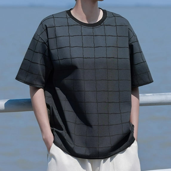 PNTUTB Oversized T-shirts for Men Short Sleeve Crewneck Grid Color-blocking Washed Basic Loose Casual Tees