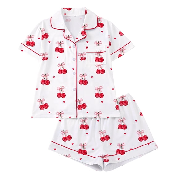 PNTUTB Pajama Set for Women Short-Sleeve Top and Shorts Printed Set Casual Collared Button-Down Cardigan Milk Silk Pajama Set