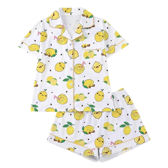 PNTUTB Pajama Set for Women Short-Sleeve Top and Shorts Printed Set Casual Collared Button-Down Cardigan Milk Silk Pajama Set