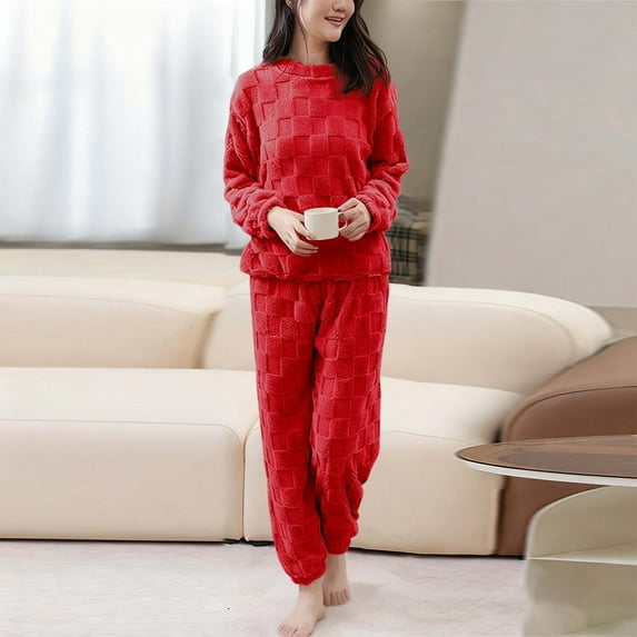 PNTUTB Pajama Sets for Women Solid Color Checkered Soft Comfy Fleece Pullover Warm Plush Casual Lounge Sleepwear