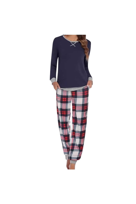 Pajamas Set for Women Comfy Long Sleeve Solid Color Top and Checkered Pant Loungewear Set with Pockets