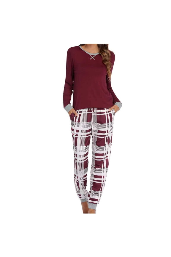 Pajamas Set for Women Comfy Long Sleeve Solid Color Top and Checkered Pant Loungewear Set with Pockets