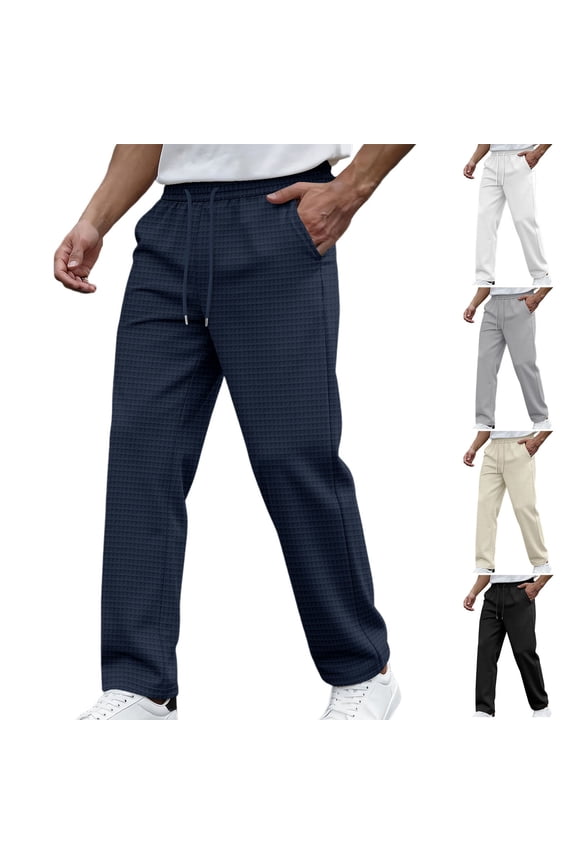 Pants for Men Solid-Color Checkered Straight-Leg Pants Casual Loose Comfortable Elastic Waist Drawstring Sports Pants with Pockets