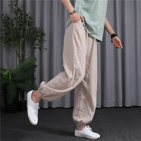 PNTUTB Pants for Women Loose Basic Summer Elastic High Waist Linen Pant Casual Pockets Trouser