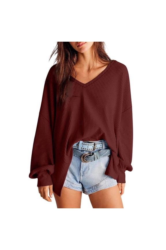 Plus Size Women's Fashionable Solid Color Asymmetrical Hem V-Neck Long Sleeve Casual Top