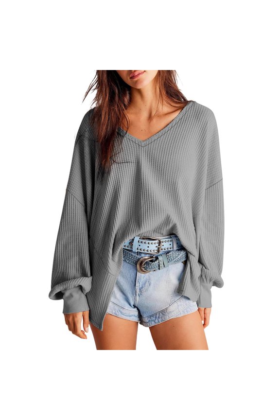 Plus Size Women's Fashionable Solid Color Asymmetrical Hem V-Neck Long Sleeve Casual Top