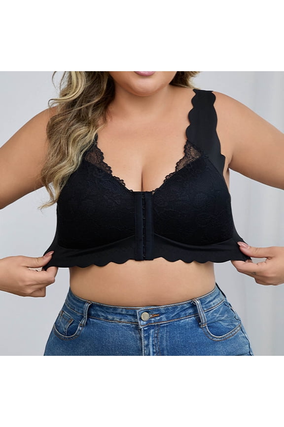 Plus Size Women's Lace Bra,Front Closure Push-Up Underwire-Free Bra with Adjustable Zero-Restriction Design