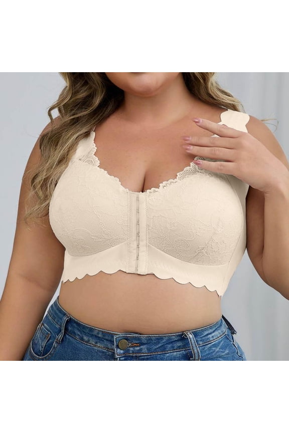 Plus Size Women's Lace Bra,Front Closure Push-Up Underwire-Free Bra with Adjustable Zero-Restriction Design