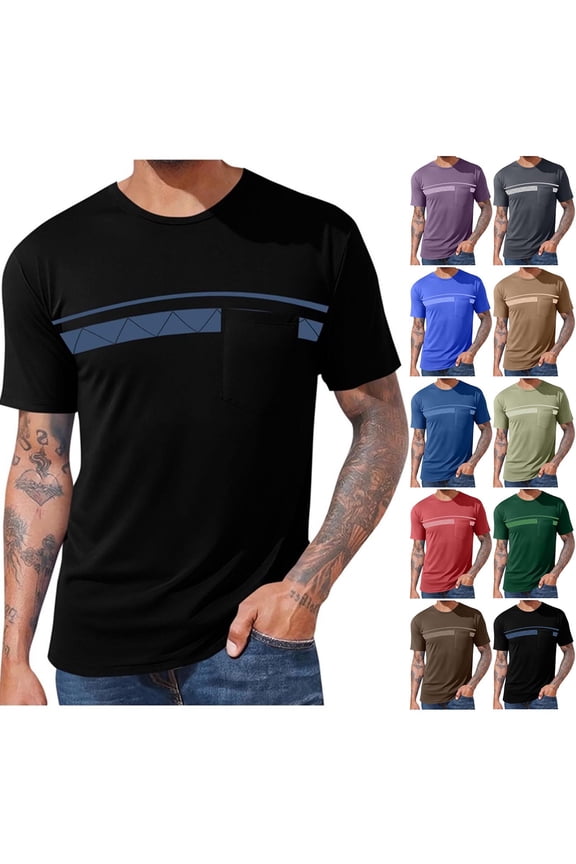 Short-Sleeve T-Shirt for Men Simple Print Basic Versatile Tops Casual Loose Comfortable Round-Neck T-Shirts with Pocket