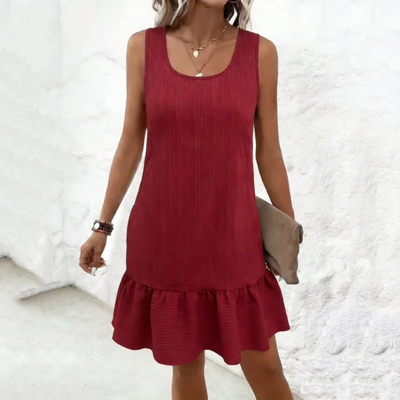 PNTUTB Sleeveless Dress for Women Solid-Color Ruffle-Panel Dress Casual Round-Neck Loose Comfortable Skirts Summer Fashion Versatile Work Dresses