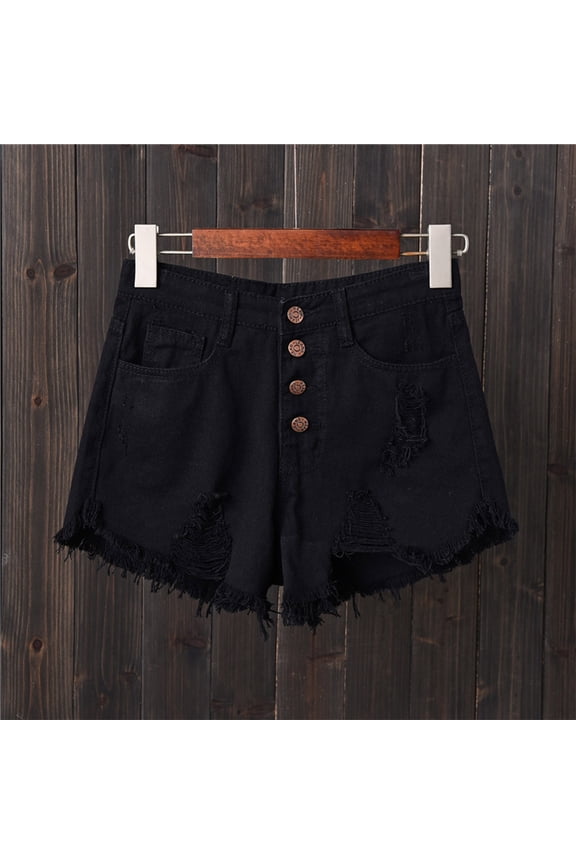 Spring Summer Women's Shorts Casual Breathable Ripped Button-Down Denim Shorts Fashionable Versatile Frayed-Edge Shorts with Multiple Pockets