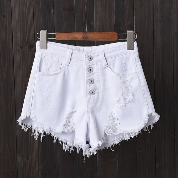 PNTUTB Spring Summer Women's Shorts Casual Breathable Ripped Button-Down Denim Shorts Fashionable Versatile Frayed-Edge Shorts with Multiple Pockets