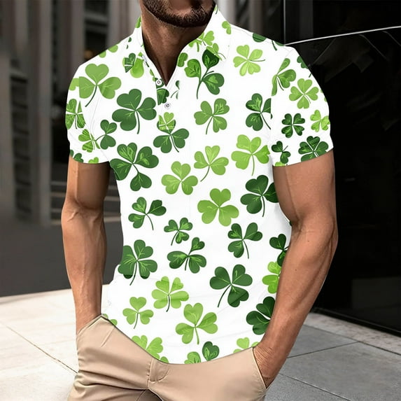 PNTUTB St. Patrick's Day Fashion Men's Casual Print Short Sleeve Collared Button Down Pullover Blouse