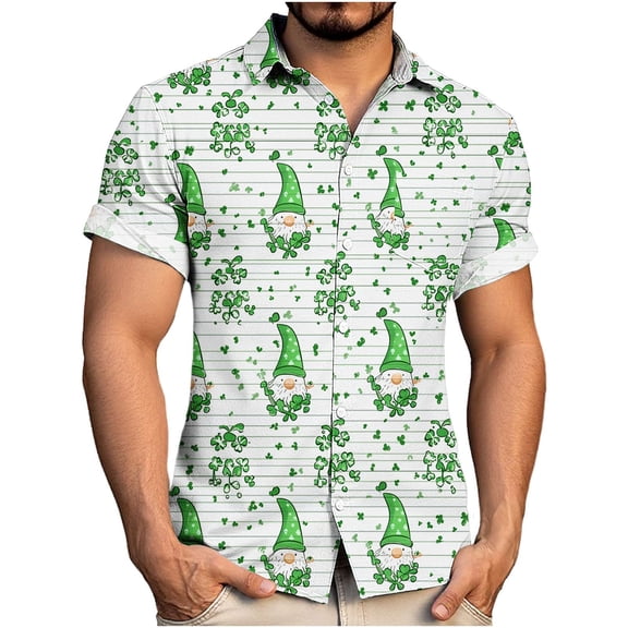 PNTUTB St. Patrick's Day Fashion Print Men's Collar Button Down Cardigan Casual Loose Short Sleeve Blouse