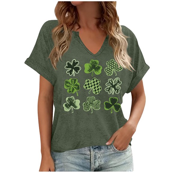 PNTUTB St. Patrick's Day Fashion Women's Print Casual V Neck Short Sleeve Loose Comfortable T Shirts