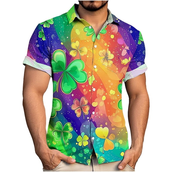PNTUTB St. Patrick's Day Men's Fashion Print Casual Short Sleeve Collar Button Down Cardigan Loose Blouse