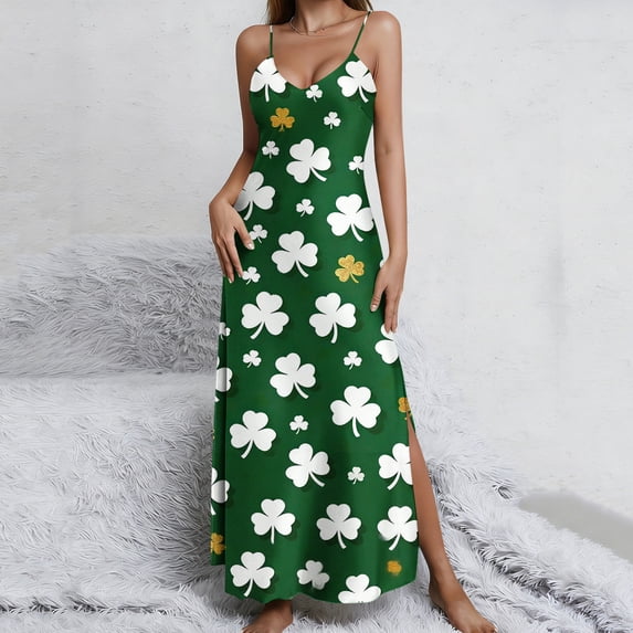 PNTUTB St. Patrick's Day Women's Casual Fashion Print V Neck Sleeveless Split Hem Loose Comfort Strapless Maxi Dress