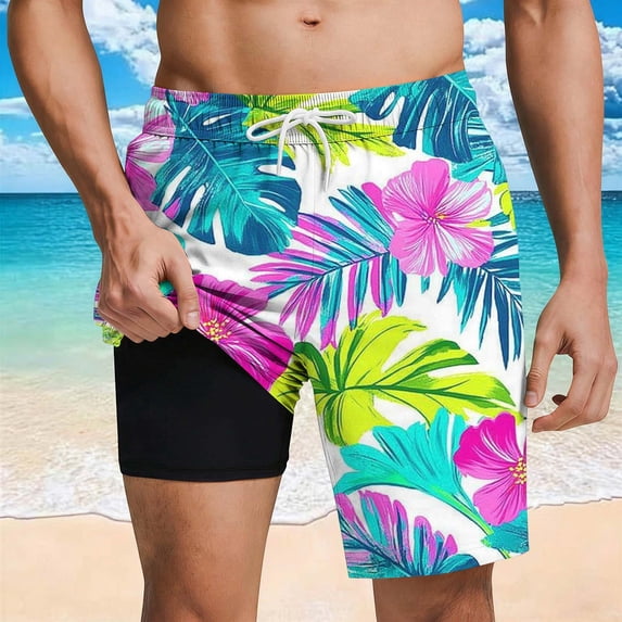 PNTUTB Stylish Men's Swim Trunks Tropical Print Shorts Casual Loose Double-Layer Stretch Quick-Dry Shorts Elastic Waistband Drawstring Beach Shorts with Pockets