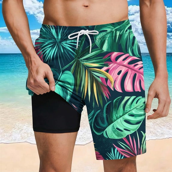PNTUTB Stylish Men's Swim Trunks Tropical Print Shorts Casual Loose Double-Layer Stretch Quick-Dry Shorts Elastic Waistband Drawstring Beach Shorts with Pockets