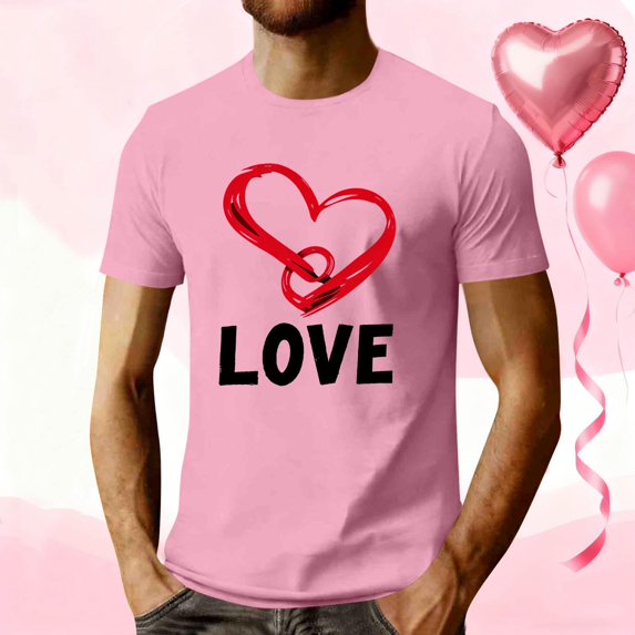PNTUTB Stylish Men's Valentine's Day Heart Print Casual Crew Neck Short Sleeve Loose Comfort Sports T Shirt