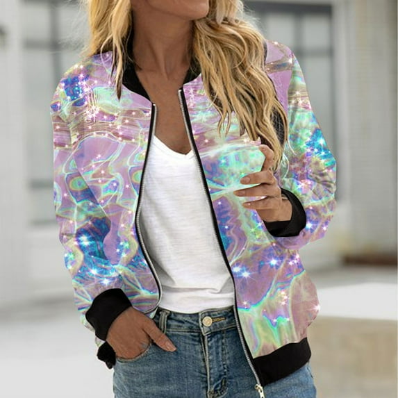 PNTUTB Long Sleeve Jacket for Women Fashion Print Zipper Pocket Casual Coat