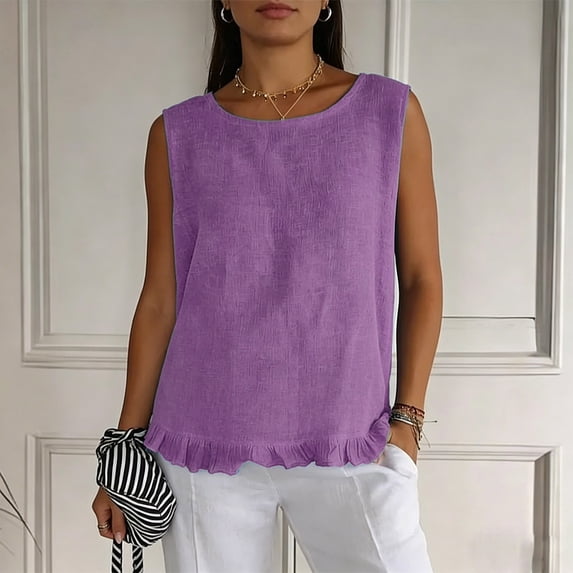 PNTUTB Stylish Women's Sleeveless Tops Casual Solid-Color Crew-Neck Tank Tops Lace-Hem Tank Tops with Back Tie Simple Versatile Loose Tank Tops