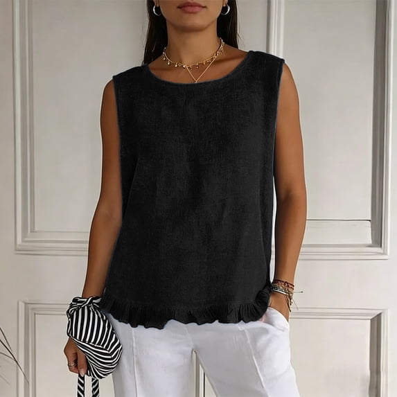 PNTUTB Stylish Women's Sleeveless Tops Casual Solid-Color Crew-Neck Tank Tops Lace-Hem Tank Tops with Back Tie Simple Versatile Loose Tank Tops