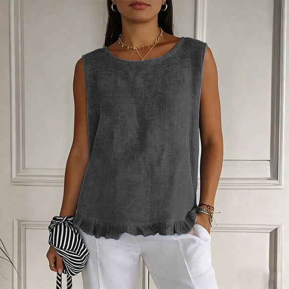 PNTUTB Stylish Women's Sleeveless Tops Casual Solid-Color Crew-Neck Tank Tops Lace-Hem Tank Tops with Back Tie Simple Versatile Loose Tank Tops