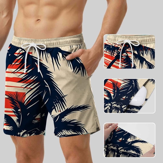 PNTUTB Summer Beach Shorts for Men Hawaiian Coconut Tree Print Swim Trunks Quick-Dry Breathable Drawstring Waist Elastic Waistband Lined Shorts with Pockets