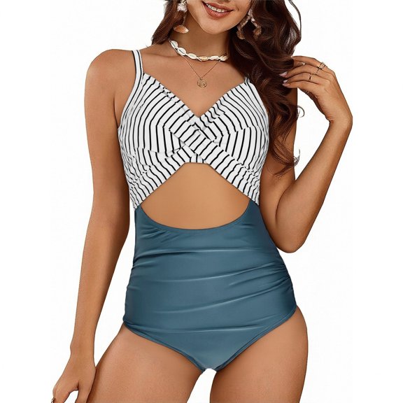 PNTUTB Summer Casual Women's Fashion Striped Patchwork Cross Back Halter Neck One Piece Swimsuit