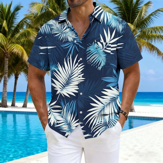 PNTUTB Summer Fashion Hawaiian Men's Print Casual Collared Button Down Short Sleeve Loose Top with Pockets
