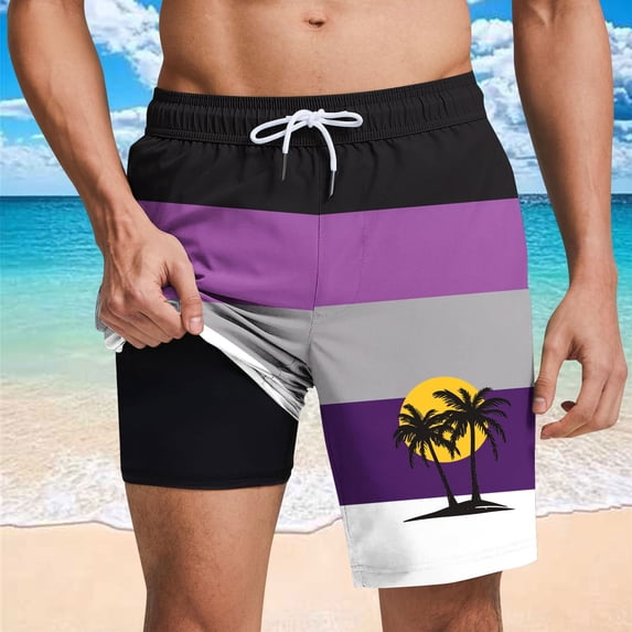 PNTUTB Summer Fashion Men's Striped Coconut Tree Print Elastic Drawstring Casual Lined Shorts with Pockets