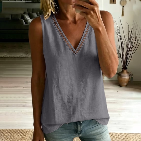 PNTUTB Summer Fashion Tops for Women's Sleeveless Tank Tops Solid-Color V-Neck Lace-Up Top Loose Breathable Comfortable Casual Tank Tops