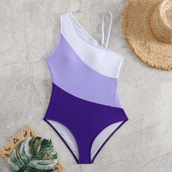 PNTUTB Summer Fashion Women's Color Blocked Asymmetric Strap Bikini One Piece Swimsuit with Built-in Padded Cups