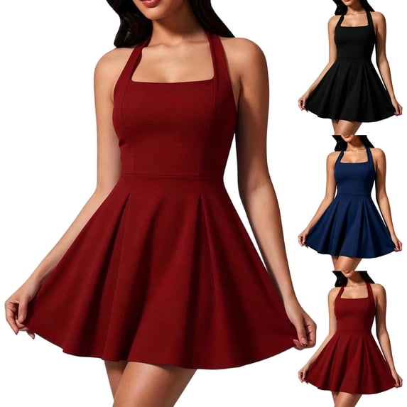 PNTUTB Summer Fashion Women's Dresses Solid-Color Halter-Neck Sleeveless Dress Casual Comfortable Fitted A-Line Party Short Dresses