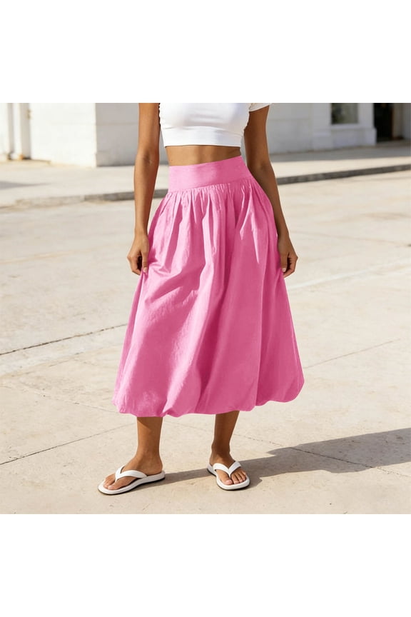 Summer Half Skirt for Women Solid-Color Pleated High-Waisted Elastic Waist Casual Loose Comfort Versatile Bell-Sleeve Skirt with Pockets
