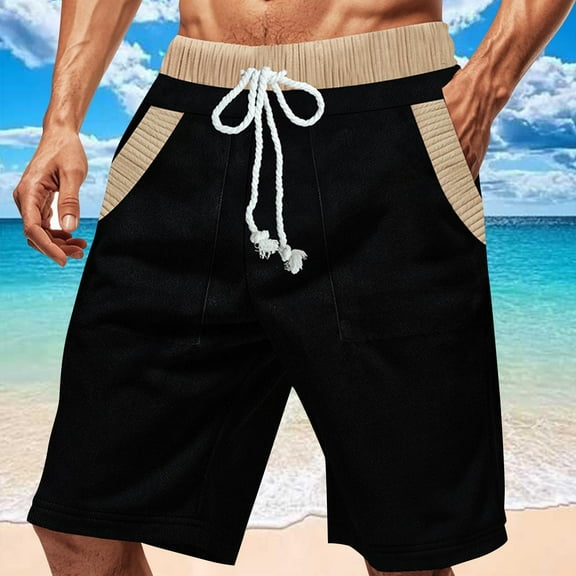 PNTUTB Summer Men's Fashion Color Blocked Elastic Drawstring Casual Loose Comfortable Shorts with Pockets
