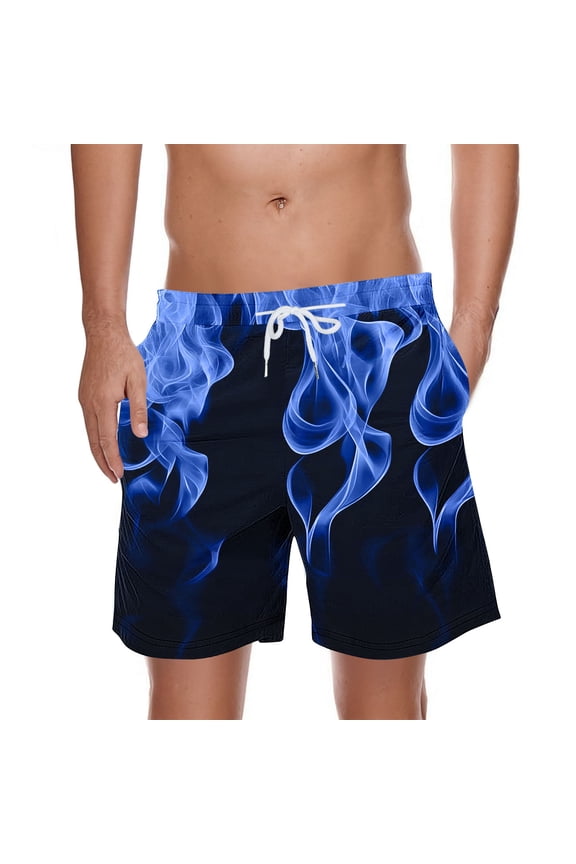 Summer Men's Fashion Flame Print Elastic Drawstring Relaxed Comfortable Beach Shorts with Pockets